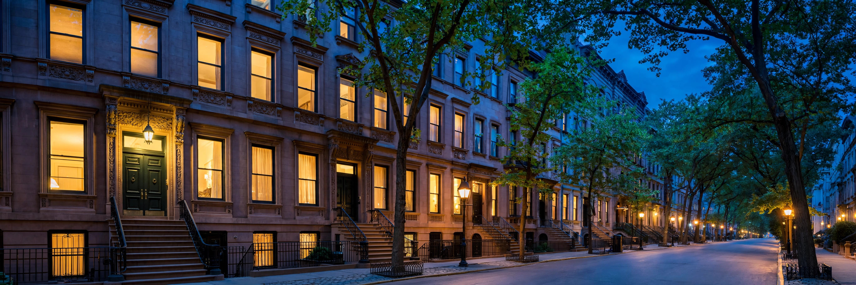 Upper West Side brownstones at dusk