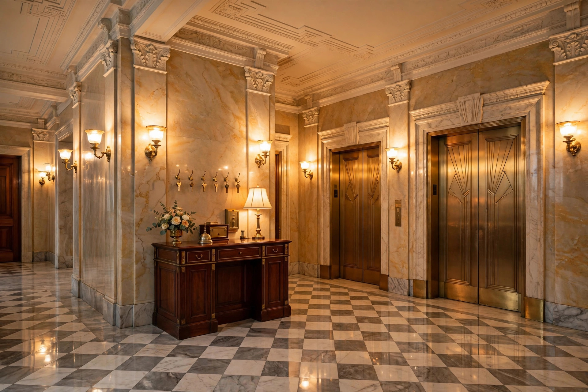 Grand pre-war co-op lobby with brass elevator doors in Manhattan